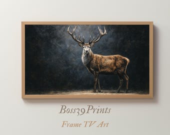 Full Body Stag Oil Painting, Moody Wildlife Art, Rustic Cabin Decor (Digital Download)