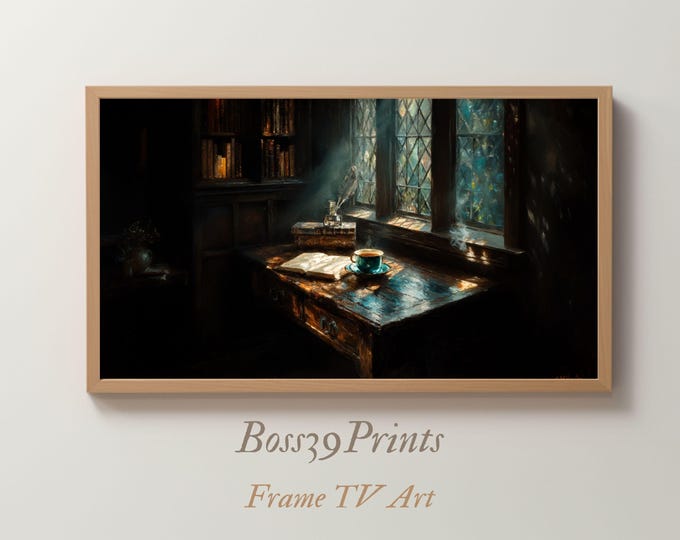 Dark Academia Frame TV Art, Window Desk Still Life (Digital Download)