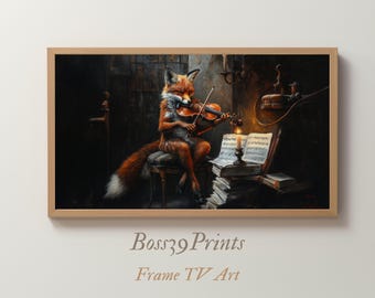 Fox Violin Samsung Frame TV Art Vintage Oil Painting | Dark Academia Wallpaper