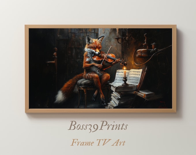 Fox Violin Samsung Frame TV Art Vintage Oil Painting | Dark Academia Wallpaper