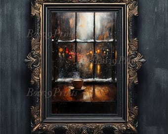 Moody Cafe Art Print, Snowy City Night, Dark Academia Decor (Digital Download)