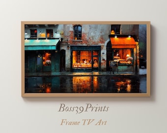 Paris Bakery Frame TV Art, Moody Rainy Night Screensaver (Digital Download)