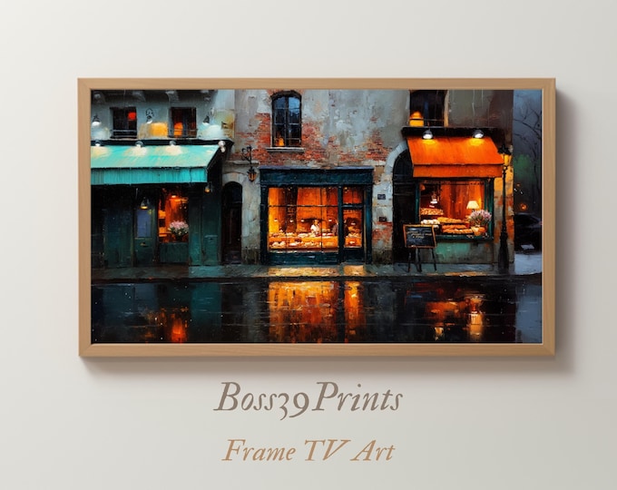 Paris Bakery Frame TV Art, Moody Rainy Night Screensaver (Digital Download)