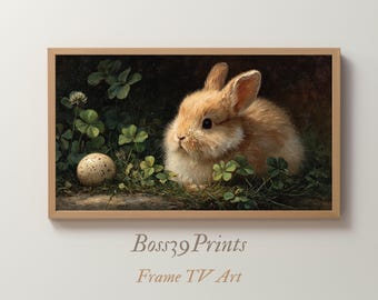 Moody Vintage Easter Bunny Oil Painting, Clover Patch, Frame TV Art (Digital Download)