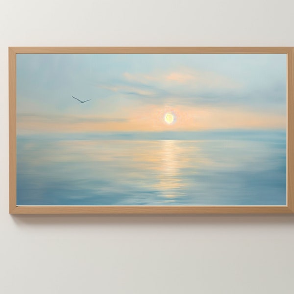 Calm Sea At Dawn, Soft Pastel Sky, Ocean Beach Frame TV Art , Oil Painting, Vintage Style, Digital Download #7-3