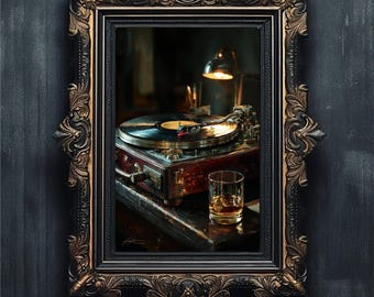 Dark Academia Vinyl Record Print, Whiskey Glass Still Life (Digital Download)
