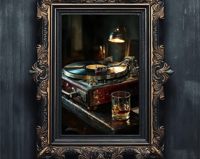 Dark Academia Vinyl Record Print, Whiskey Glass Still Life (Digital Download)