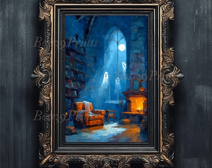 Haunted Library Ghost Painting, Moody Halloween Decor (Digital Download)