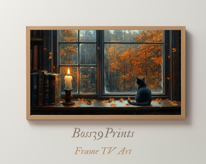 Cozy Autumn Cat Samsung Frame TV Art | Dark Academia Sunlit Window Wallpaper
