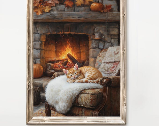 Cozy Cat Fireplace Print, Rustic Autumn Wall Art (Digital Download)