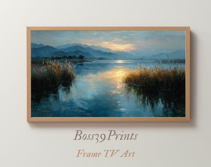 Samsung Frame TV Art | Misty Lake Sunrise | Moody Landscape Oil Painting | Tonalism Nature | Serene Water Decor