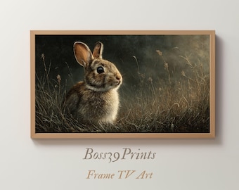 Moody Easter Rabbit Oil Painting, Spring Cottagecore Frame TV Art (Digital Download)