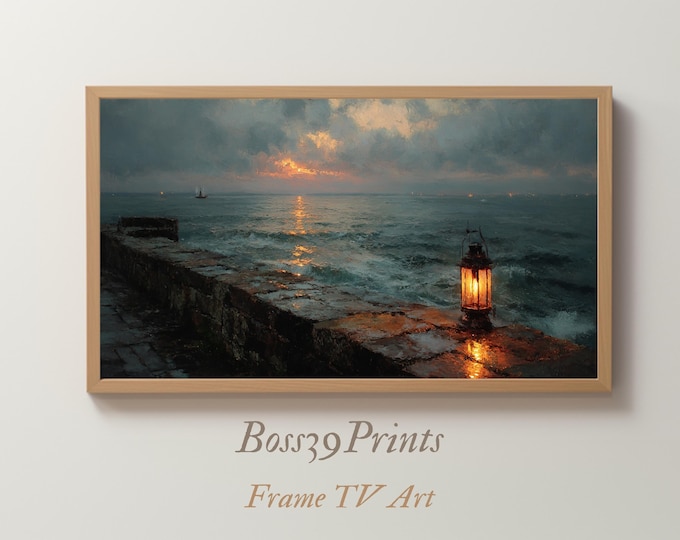 Samsung Frame TV Art | Moody Seascape, Glowing Lantern (4K Download)