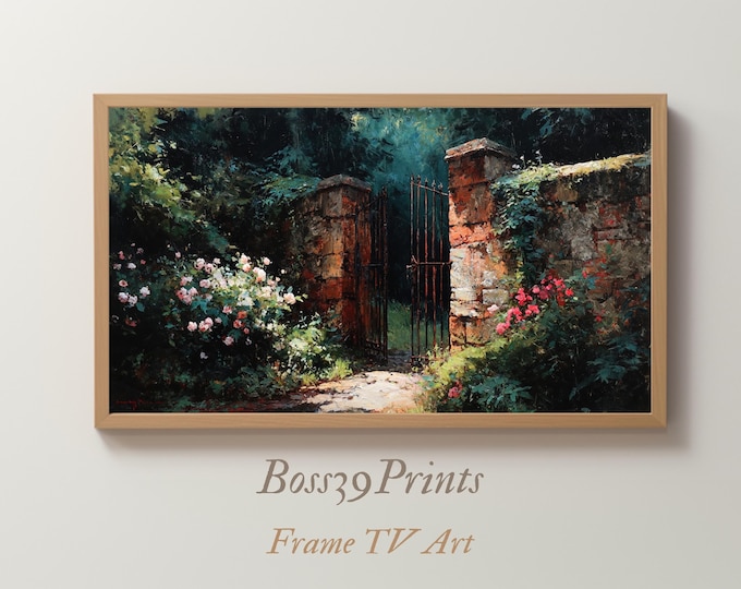 Moody Secret Garden Gate Oil Painting, Rustic Cottagecore Frame TV Art (Digital Download)