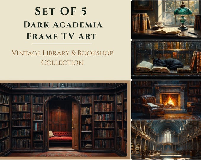 Dark Academia Samsung Frame TV Art Set | Cozy Library & Bookshop Wallpaper Bundle