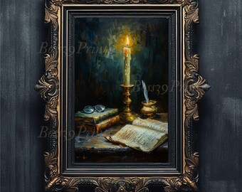 Dark Academia Still Life Art Print, Candle, Books (Digital Download)