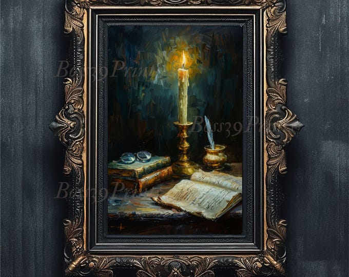Dark Academia Still Life Art Print, Candle, Books (Digital Download)