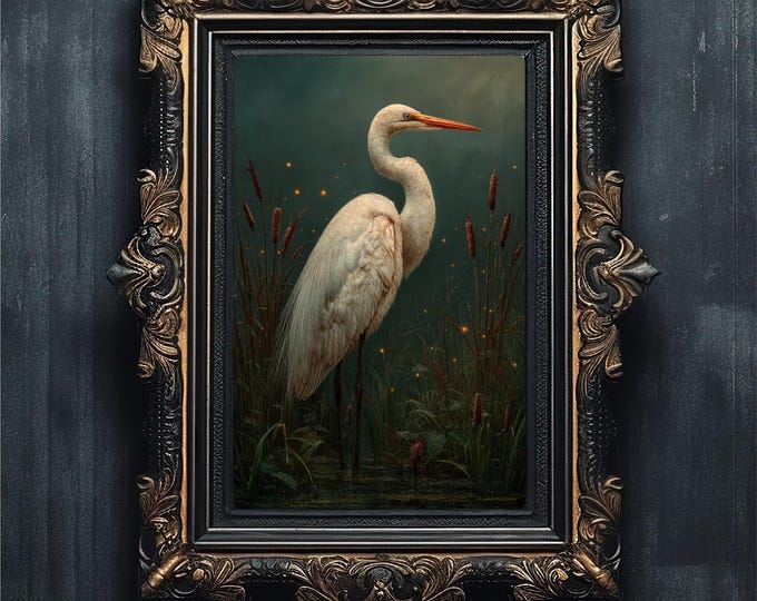 Moody Heron Art: White Bird Moonlight Oil Painting, Dark Academia Decor