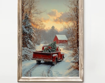 Vintage Red Truck Christmas Print, Snowy Farmhouse Landscape (Digital Download)