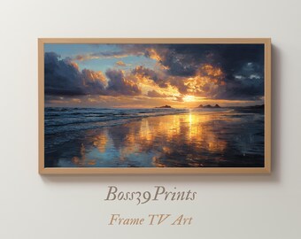 Stormy Beach Sunset Oil Painting, Moody Coastal Frame TV Art (Digital Download)