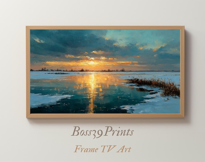 Frozen Lake Sunset Frame TV Art, Winter Landscape Oil Painting (Digital Download)
