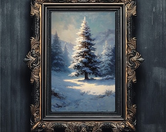 Vintage Winter Pine Tree Print | Golden Hour Snowy Landscape (Digital Download)
