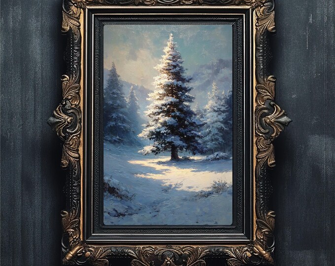 Vintage Winter Pine Tree Print | Golden Hour Snowy Landscape (Digital Download)