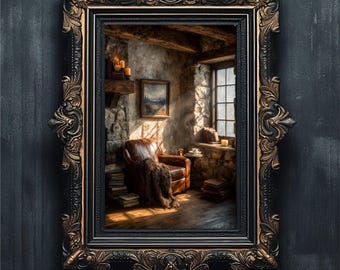 Dark Academia Reading Nook Art, Cozy Fireplace Painting (Digital Download)