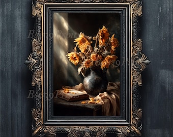 Moody Sunflower Still Life Print, Dark Academia Vintage Art (Digital Download)