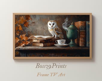 Cozy Autumn Owl Samsung Frame TV Art | Dark Academia Bankers Lamp Wallpaper