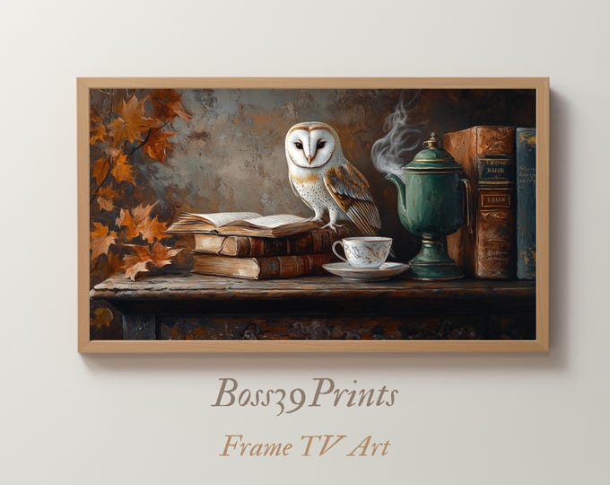 Cozy Autumn Owl Samsung Frame TV Art | Dark Academia Bankers Lamp Wallpaper
