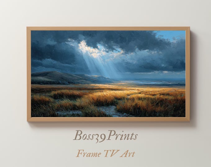 Moody Landscape Oil Painting, Dramatic Sunburst Print, Vintage Meadow Decor, Rustic Frame TV