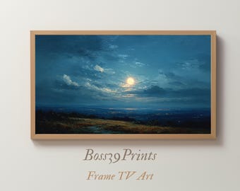 Samsung Frame TV Art | Vintage Full Moon Oil Painting, Distant City Lights (Digital Download)