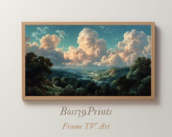 Moody Atmospheric Sky Frame TV Art, Dramatic Clouds Oil Painting, Vintage Cloudscape Digital Print