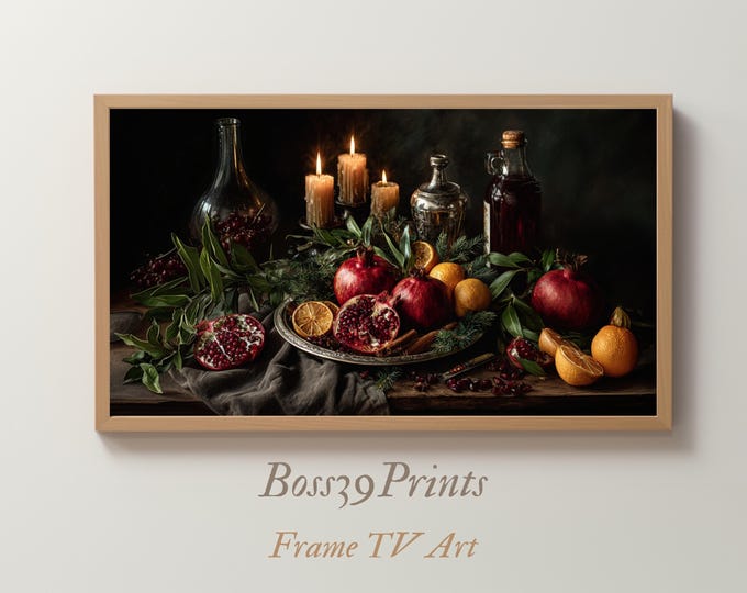 Moody Pomegranate Frame TV Art | Vintage Winter Kitchen | Christmas Still Life 4K #5-11