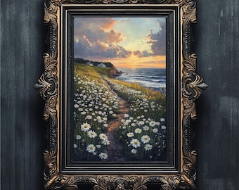 Coastal White Wildflower Path Oil Painting | Moody Beach Farmhouse Print | Sea Landscape Art