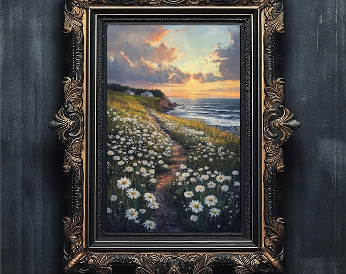 Coastal White Wildflower Path Oil Painting | Moody Beach Farmhouse Print | Sea Landscape Art