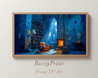 Haunted Library Halloween Frame TV Art, Moody Ghost Screensaver (Digital Download)