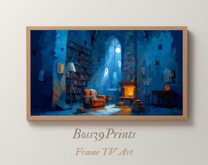 Haunted Library Halloween Frame TV Art, Moody Ghost Screensaver (Digital Download)