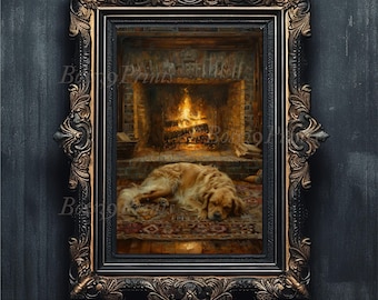 Sleeping Dog Fireplace Art Print, Cottagecore Decor (Digital Download)