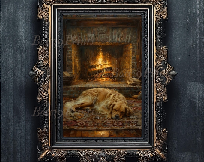 Sleeping Dog Fireplace Art Print, Cottagecore Decor (Digital Download)