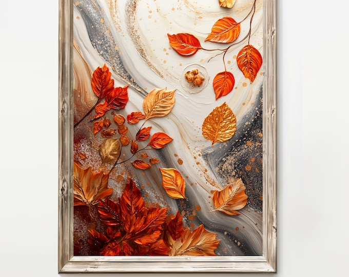Textured Fall Leaves Print, Gold Leaf Abstract Painting (Digital Download)