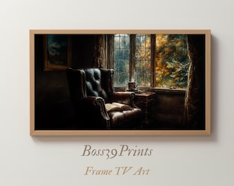 Cozy Leather Chair Frame TV Art, Rainy Day Window (Digital Download)