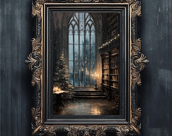Moody Christmas Library Art | Dark Academia Holiday Decor | Vintage Winter Print #5-022