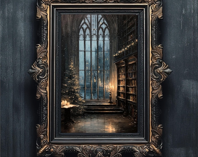 Moody Christmas Library Art | Dark Academia Holiday Decor | Vintage Winter Print #5-022