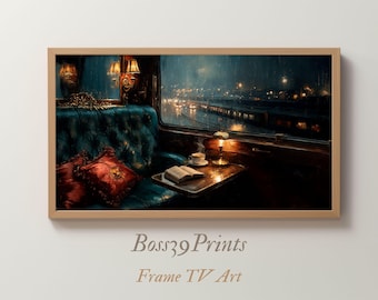 Dark Academia Frame TV Art, Rainy Train Window Scene (Digital Download)