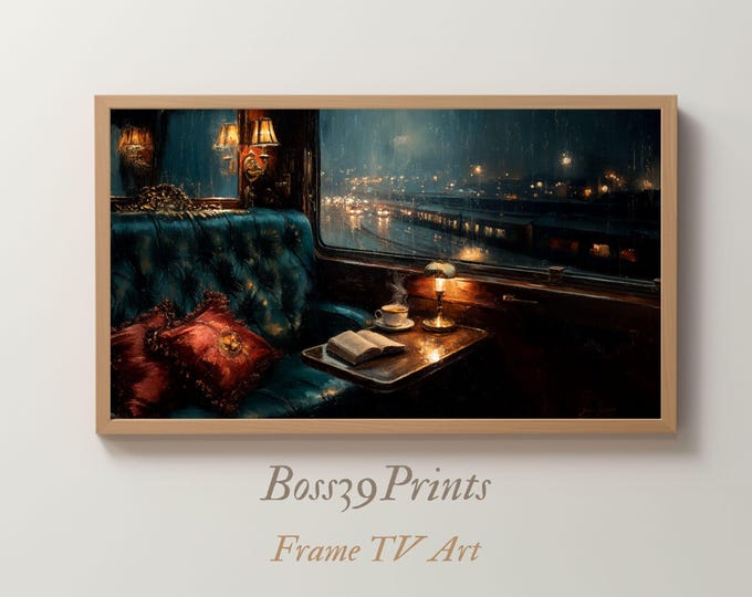 Dark Academia Frame TV Art, Rainy Train Window Scene (Digital Download)