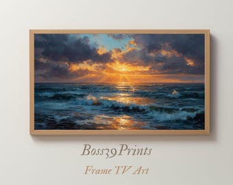 Moody Stormy Seascape Oil Painting, Golden God Rays, Frame TV Art (Digital Download)