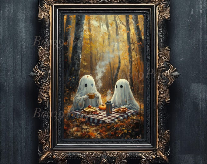 Ghost Picnic Art Print, Whimsical Halloween Decor (Digital Download)