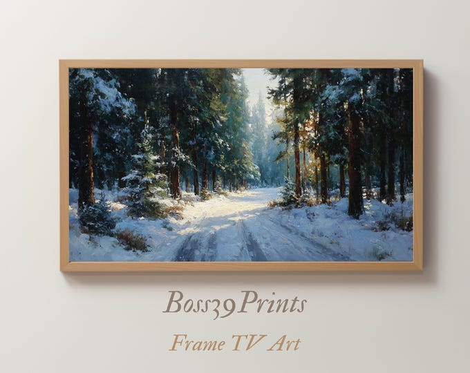 Samsung Frame TV Art | Winter Forest Path | Snowy Woods Oil Painting | Moody Tonalism | Golden Light Landscape | Chiaroscuro Art